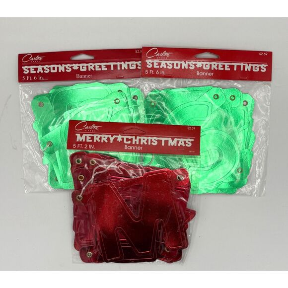 NOS Carlton Cards Metallic Banners Lot of 3 Seasons Greetings Merry Christmas - Picture 2 of 5